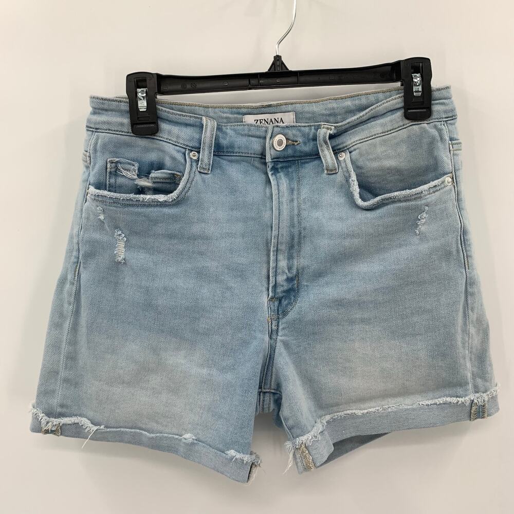 Zenana Distressed Cut Off Shorts Womens Large Light Blue Denim Stretch Raw Hem